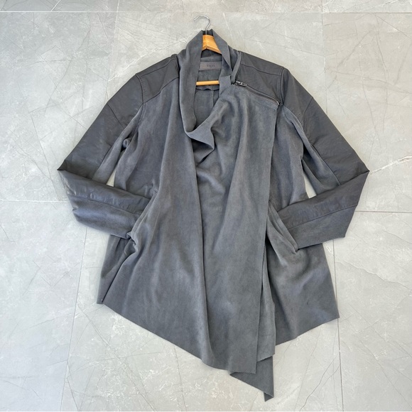 BLANK NYC Gray Faux Suede Leather Asymmetric Shoulder Zipper Draped Jacket Sz M - Picture 11 of 16